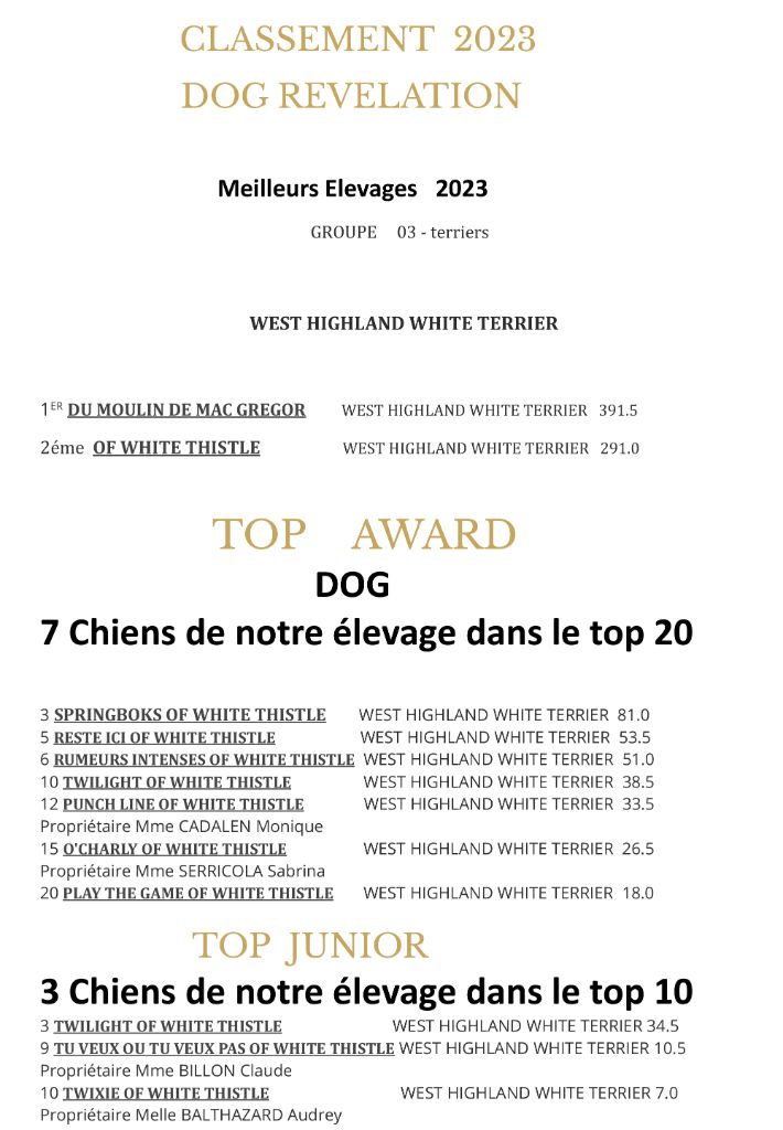 of White Thistle - 2éme meilleur Elevage 2023